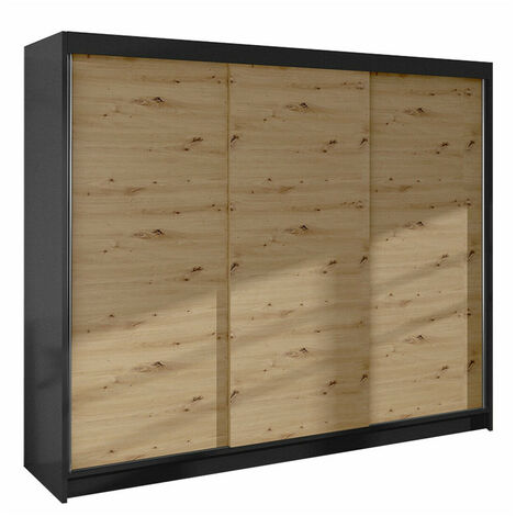 Mobilier1 – Armoire coulissante 3 portes noir et chêne artisan – 215x200x58 cm – 9 étagères stratifiées – Fabriquée en Europe