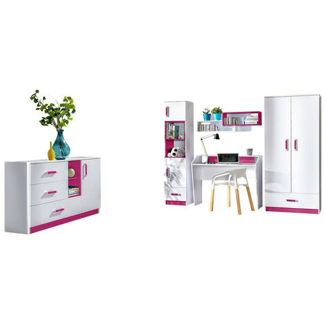 Chambre enfant complète Sorviru 107, Blanc + Rose