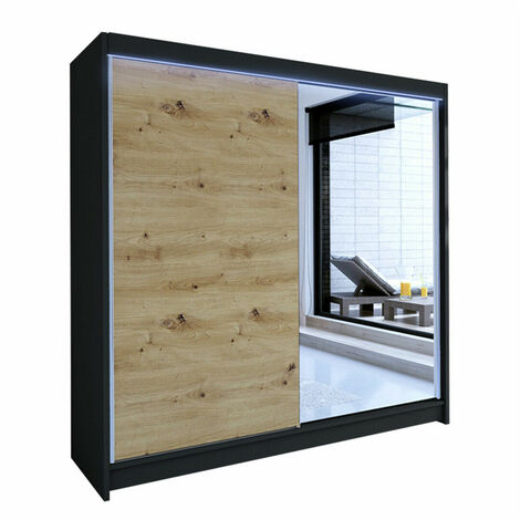 Armoire Closico 137, Noir + Chêne Artisan, 215x180x58cm, Portes d'armoire: Coulissantes, Nombre d'étagères: 5, LED (1/4)