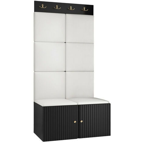 Meuble d'entrée Hartford 383, Noir, 186x84x46cm, Stratifié, Faux cuir, MDF, À suspendre, À poser