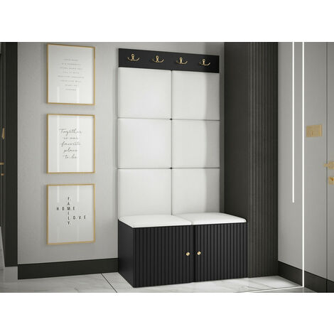 Meuble d'entrée Hartford 383, Noir, 186x84x46cm, Stratifié, Faux cuir, MDF, À suspendre, À poser
