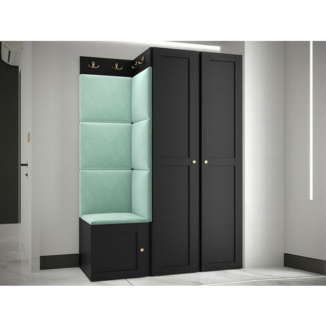 Meuble d'entrée Hartford 379, Noir, 186x116x46cm, Tapisserie, MDF, Stratifié, À poser, À suspendre