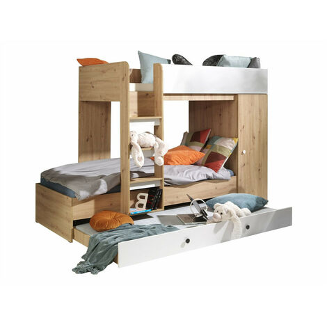 Lit superposé Hartford 360, Chêne Artisan + Blanc, Lits superposés avec lit gigogne, Superposés, 850x200, 90x200, Stratifié, Disponible, 107x255x165cm (1/5)
