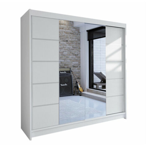 Mirjan24 – Armoire blanche 215x180x58cm – 2 portes coulissantes – 5 étagères – Stratifié – Fixation murale recommandée