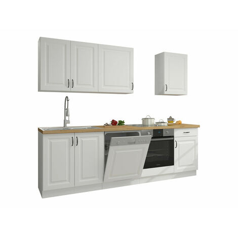 Mobilier1 – Ensemble de cuisine modulaire blanc 250x52cm – MDF stratifié – Finition élégante – Armoires avec poignées métal (1/5)