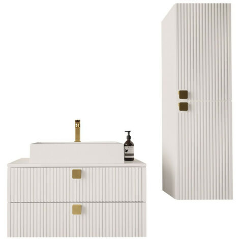 Mobilier1 – Ensemble de meubles de salle de bain blanc – Armoire suspendue 1200x350x350mm – Meuble-lavabo 420x800x460mm – Stratifié et MDF