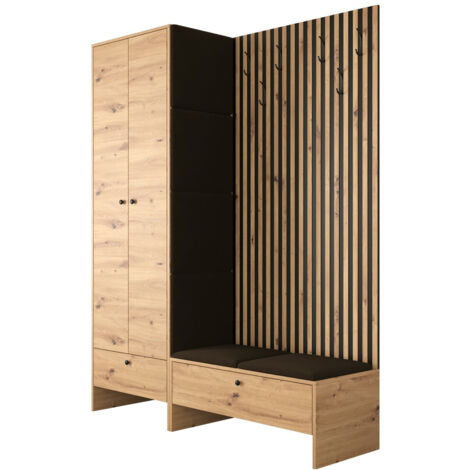 Mobilier1 – Ensemble de meubles d'entrée chêne artisan – Dimensions 206x145x44cm – Tissu stratifié – Panneau mural souple