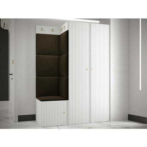 Meuble d'entrée Hartford 387, Blanc, 186x116x46cm, MDF, Stratifié, Tapisserie, À poser, À suspendre