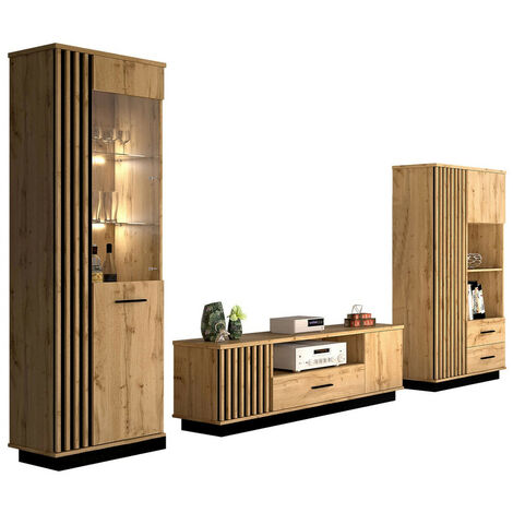 Mobilier1 – Ensemble de meubles de salon 3 pièces – Stratifié et MDF – Verre trempé – Dimensions étagères 159x90x40 cm et 194x60x40 cm – Avec éclairage LED