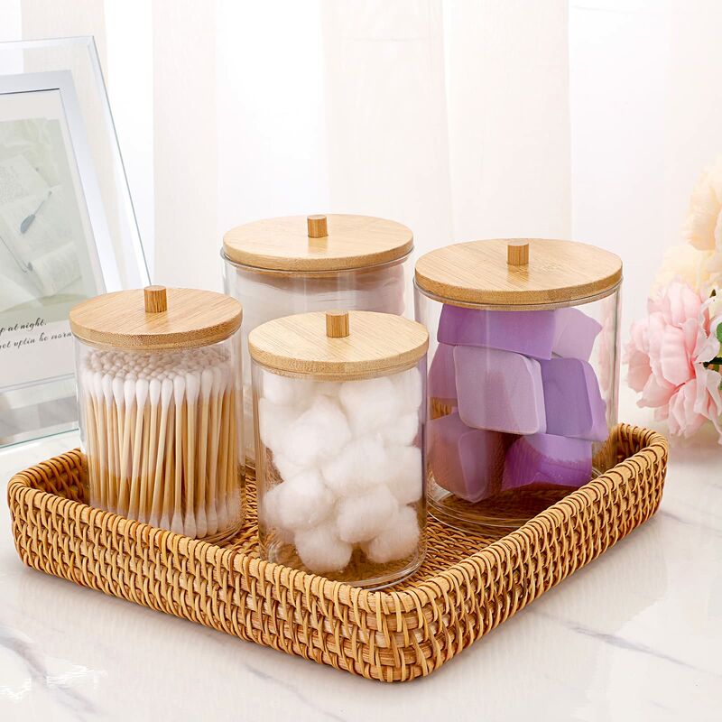 1PC Clear Acrylic Storage Jar Organizer with Bamboo Lid, Clear Storage Jar  With Bamboo Lids, Vanity Makeup Organizer Storage Containers, Makeup  Organizer for Jewelry, Beads, Balls, Dental Floss, Small Bathroom Items and