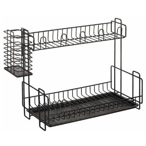 Kitchen Storage Rack Double Layer Dish Drainer Drying Rack With Drainboard,  Multifunctional Tableware Organizer, Black