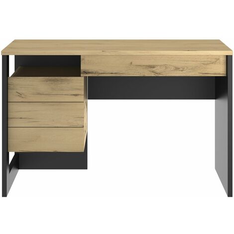 M&S – Bureau droit industriel bicolore chêne helvezia et noir – Rangement intégré avec tiroir – Faible encombrement pour petits espaces (1/5)
