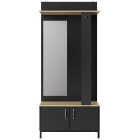 Meuble d'entrée 2 portes en chêne sonoma et noir – Dimensions L 81 x H 190 x P 37 cm – Fabriqué en France – Miroir et tringle inclus – Gami (1/10)