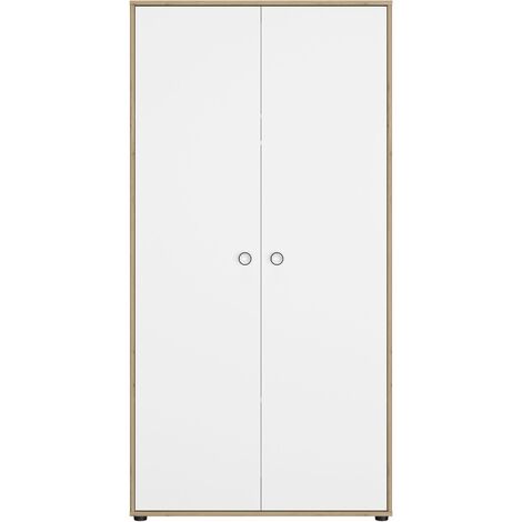 Armoire 2 portes en chêne artisan – Portes blanches cerclées de noir – 2 tablettes intérieures – Fabrication française – Galipette