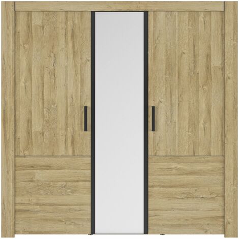 Armoire 3 portes avec miroir rangement haut effet bois chêne doré (1/5)