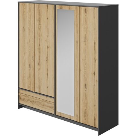 Calicosy – Armoire 4 portes et 1 tiroir Mimizan L197 cm – Panneaux de particules imitation chêne – 4 étagères réglables et miroir (1/7)