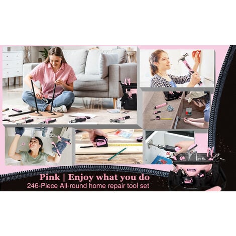 SHALL Pink Tool Set, Multi Tool Set, 246 pièces Ensemble d'outils de base avec pochette à outils ouverte de 14 pouces Outils à main