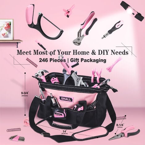 SHALL Pink Tool Set, Multi Tool Set, 246 pièces Ensemble d'outils de base avec pochette à outils ouverte de 14 pouces Outils à main
