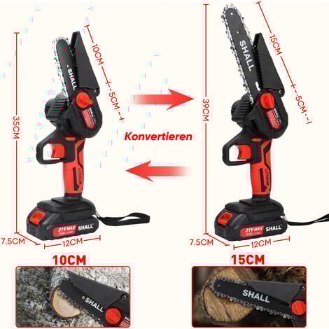 SHALL Mini tronçonneuse / tronçonneuse électrique portable, 21 Volt, 2000 mAh, 2 batteries, 4 chaînes, rouge,Tronçonneuse à batterie