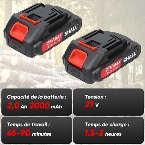 SHALL Mini tronçonneuse / tronçonneuse électrique portable, 21 Volt, 2000 mAh, 2 batteries, 4 chaînes, rouge,Tronçonneuse à batterie