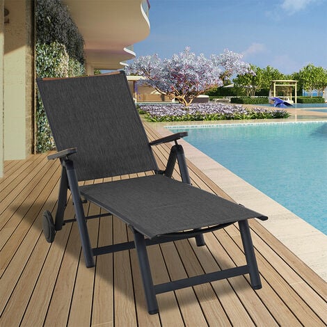 Grand Patio Sun Lounger Chair with 2 Wheels Portable 6 Adjustable Backrest Aluminum Frame Textilene Outdoor Folding Lounger Recliner for Beach