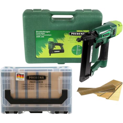 Prebena 2XR-J50 Druckluftnagler 4,0 - 7,0 Bar + PROFI-J-BOX Stauchkopfnägel Brads 12500 Stk. + Koffer (1/5)