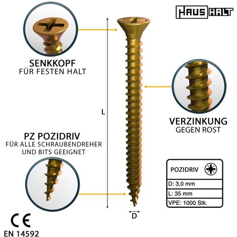 HausHalt Universal Holzbauschraube Holzschraube 3,0 x 35 mm PZ1 1000 Stk. (  2x 000051371128 ) gelb verzinkt