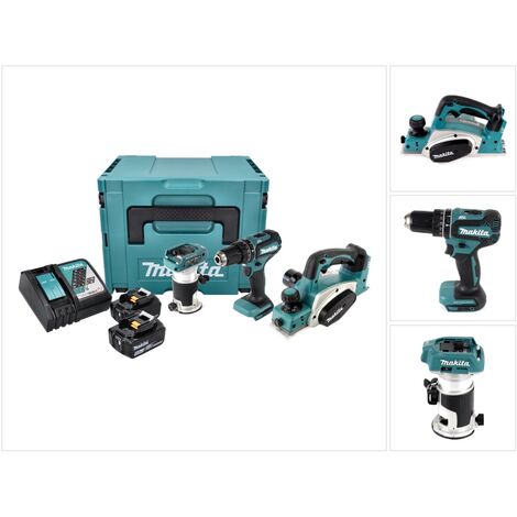 Makita DLX 3116 TJ Akku Combo Kit DHP 485 Akku Schlagbohrschrauber + DKP 180 Akku Hobel + DRT 50 Akku Multifunktionsfräse + 2x Akku 5,0 Ah + Ladegerät + Makpac