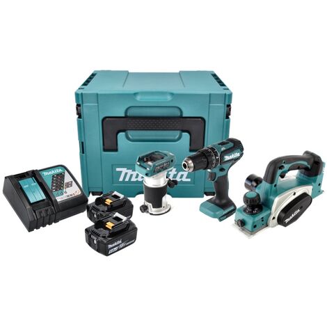 Makita DLX 3116 TJ Akku Combo Kit DHP 485 Akku Schlagbohrschrauber + DKP 180 Akku Hobel + DRT 50 Akku Multifunktionsfräse + 2x Akku 5,0 Ah + Ladegerät + Makpac