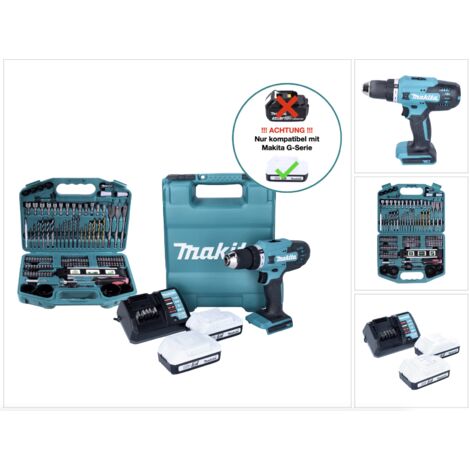 Makita DF 488 DWE10 Akku Bohrschrauber 18 V 42 Nm G-Serie + 2x Akku 1,5 Ah + Ladegerät + 101 tlg. Bit Bohrer Set + Koffer