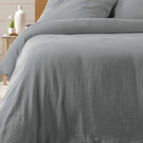 Douceur D'Intérieur – Parure de lit en gaze de coton gris 240x220 cm – Toucher ultra-doux – Housse avec boutons-pression – Certification Oeko-Tex®