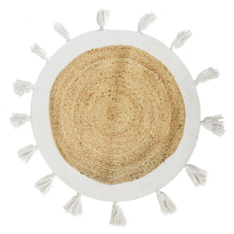 Tapis Rond Jute Pompons Blanc 80cm (1/4)