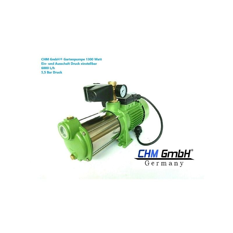 CHM GmbH® Gartenpumpe mit Druckschalter 1300 Watt 6000L/H Wasserpumpe  Kreiselpumpe