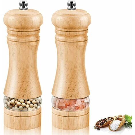 Salt and Pepper Mill, Hand Crank Wood Pepper Grinder Salt Shaker with Classic Handle and Adjustable Ceramic Rotor, Brown