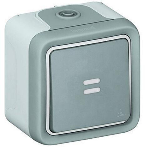Legrand – Interrupteur avec témoin complet IP55 10AX saillie – Connexion à bornes automatiques – Mécanisme livré complet avec 2 embouts – Poussoir gris (1/5)