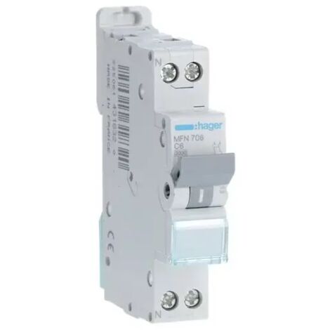 Hager – Disjoncteur unipolaire 6A – MFN706 – 1P+N – Courbe C – Pouvoir de coupure 3 kA – Pour installations domestiques