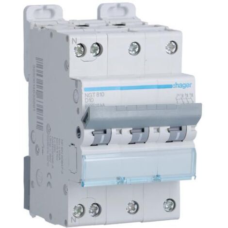 Disjoncteur 3P+N - 6-10kA - 10A - 3 modules - Courbe D - NGT810 - Hager (1/5)