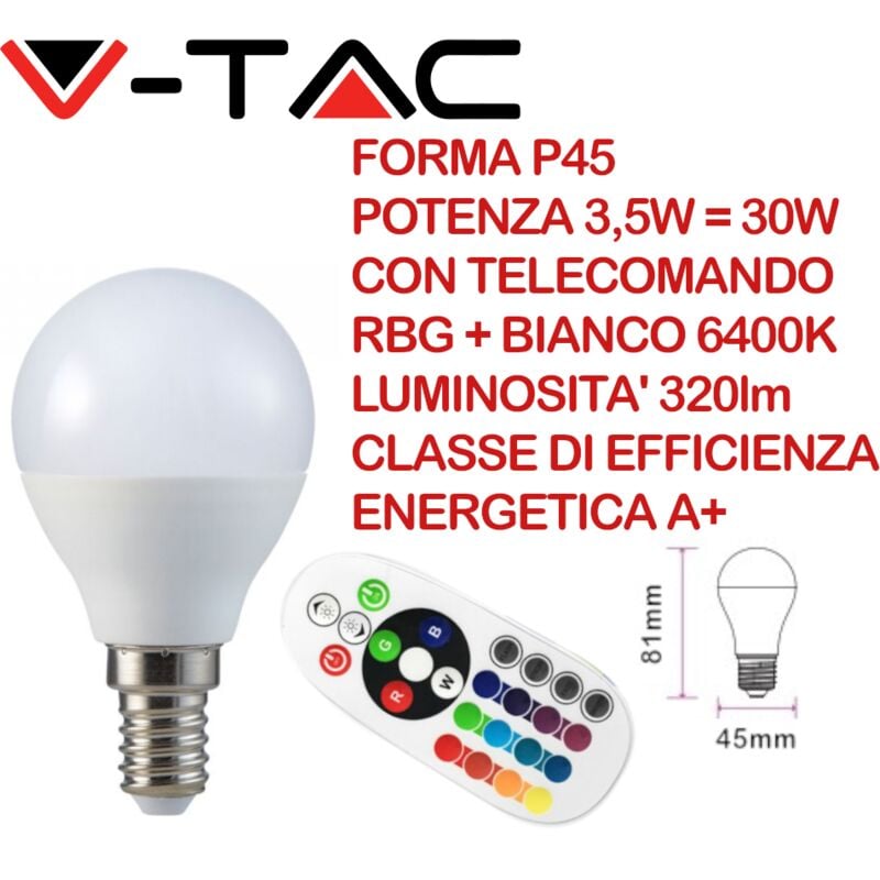 V-TAC VT-2234 Lampadina LED E14 3,5W P45 con Telecomando RGB RGB - 6400K