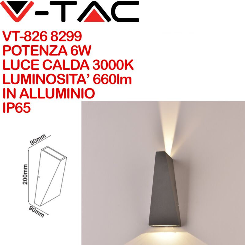 VT-826 Lampada LED da Muro 6W Doppio Fascio Luminoso Colore Nero IP65