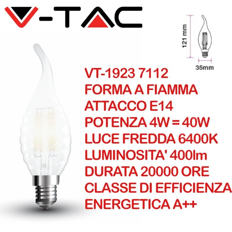 V-Tac VT-1986 Lampadina LED E14 Filamento Candela 4W - SKU 214301, 214413