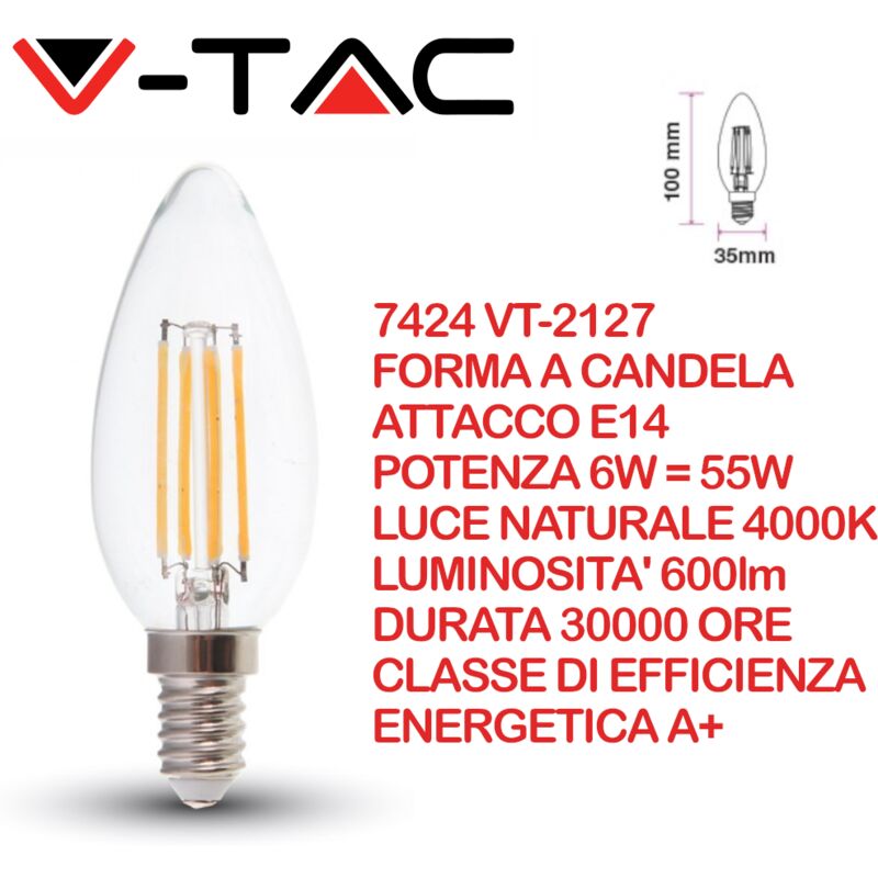 V-TAC VT-2127 Lampadina LED a Filamento E14 6W a Candela Bianco naturale -  4000K