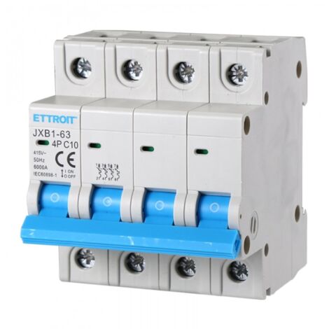 Interruttore magnetotermico 4P, 4 moduli, 415Vac, 16A, curva C, 6KA - Ettroit JXB1-63-4P-16A-6KA