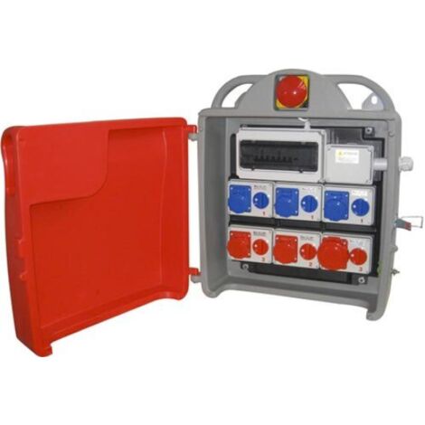 Quadro ASC da cantiere, 35KW, IP55, 3 prese 16A 3P IP67 230V, 2 prese 16A 4P IP67 400V, 1 presa 32A 5P IP67 400V e 1 presa 63A 5P IP67 400V, con magnetotermico, differenziale generale e pulsante di em