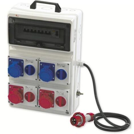 Quadro ASC portatile, 3KW 230V/9KW 400V, IP65, 2 prese interbloccate 2P+T 16A e 2 prese 3P+T 16A, spina 3P+N+T 16A, con magnetotermico, differenziale generale e pulsante di emergenza - Rosi 2203