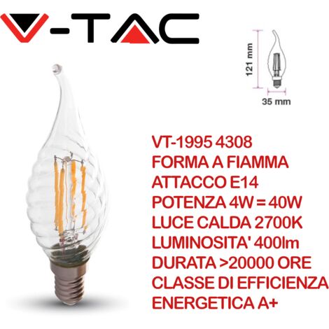V-TAC LAMPADINE LED E14 4W FILAMENTO SFERA FIAMMA TORTIGLIONE TRASPARENTE