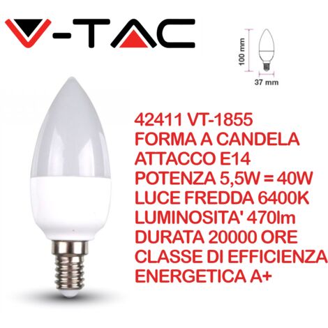 V-TAC VT-1855 Lampadina LED E14 4,5W Candela Bianco freddo - 6400K