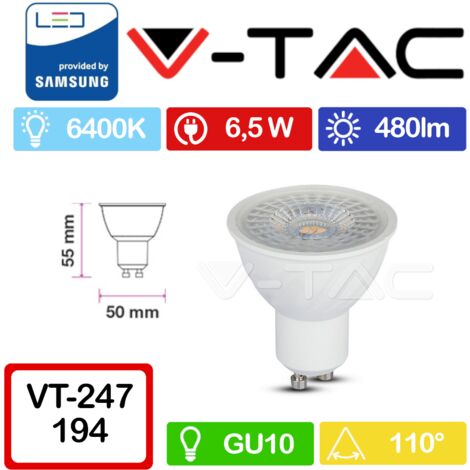 V-TAC PRO VT-247 Faretto LED GU10 con Chip Samsung 6,5W 110° Bianco freddo - 6400K