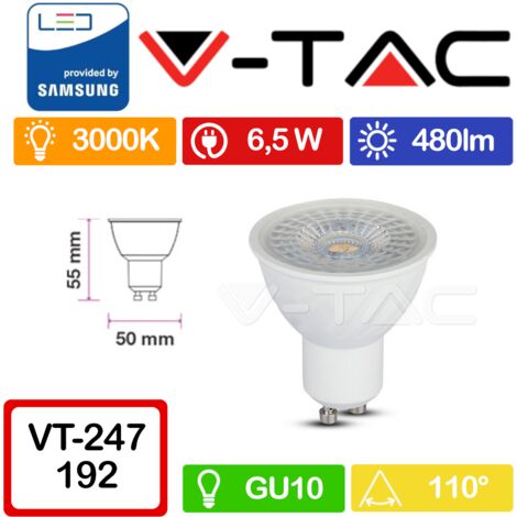 V-TAC PRO VT-247 Faretto LED GU10 con Chip Samsung 6,5W 110° Bianco caldo - 3000K