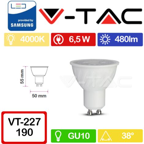 V-TAC PRO VT-227 Faretto LED GU10 con Chip Samsung 6,5W 38° Copertura trasparente Bianco naturale - 4000K