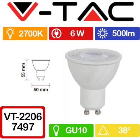 V-TAC VT-2206 Lampadina Faretto LED GU10 6W 38° 2700K CRI 95 SKU 7497